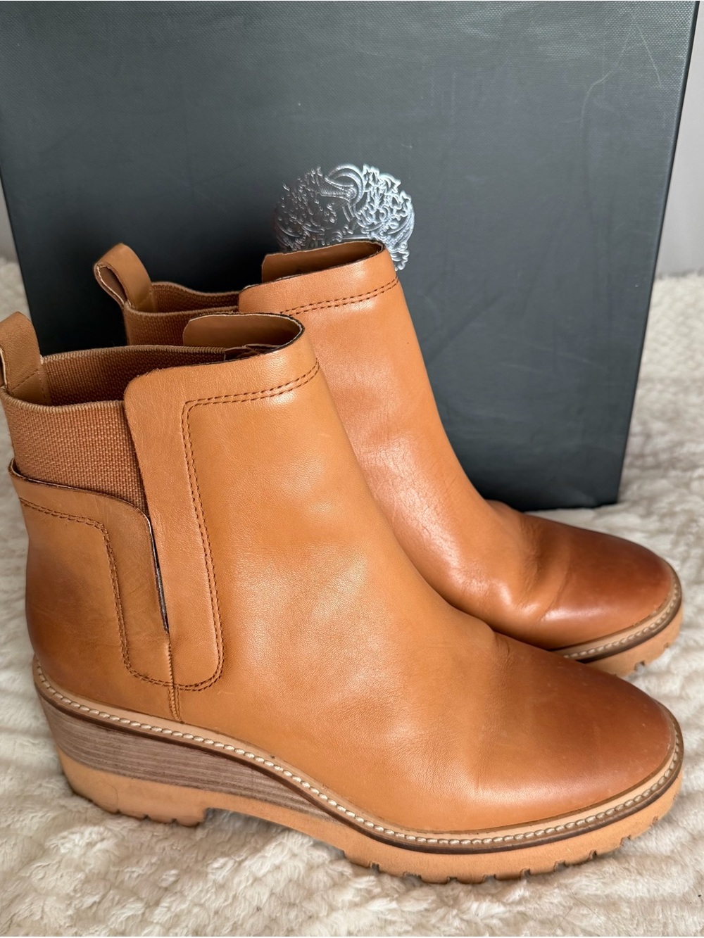 Vince Camuto Dendra Tan Leather Wedge Chelsea Booties